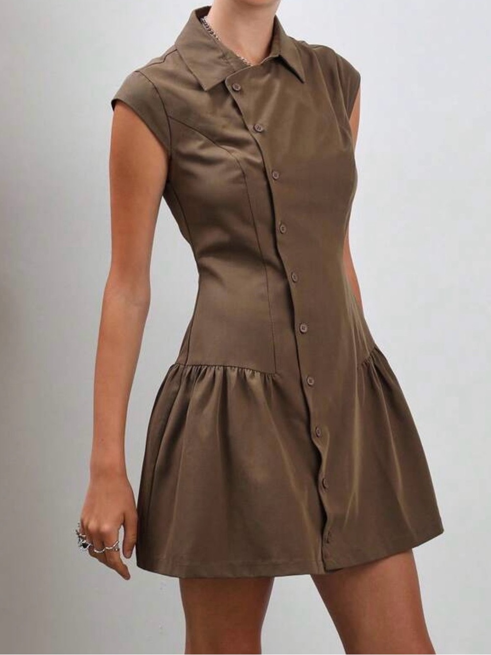 Tailored Sleeveless Button-Front Mini Dress in Brown